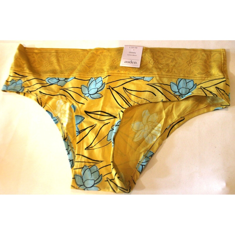 Floral Print Cotton Cheeky Underwear w/Lace Waistband - Auden Bookoo Leaf L
